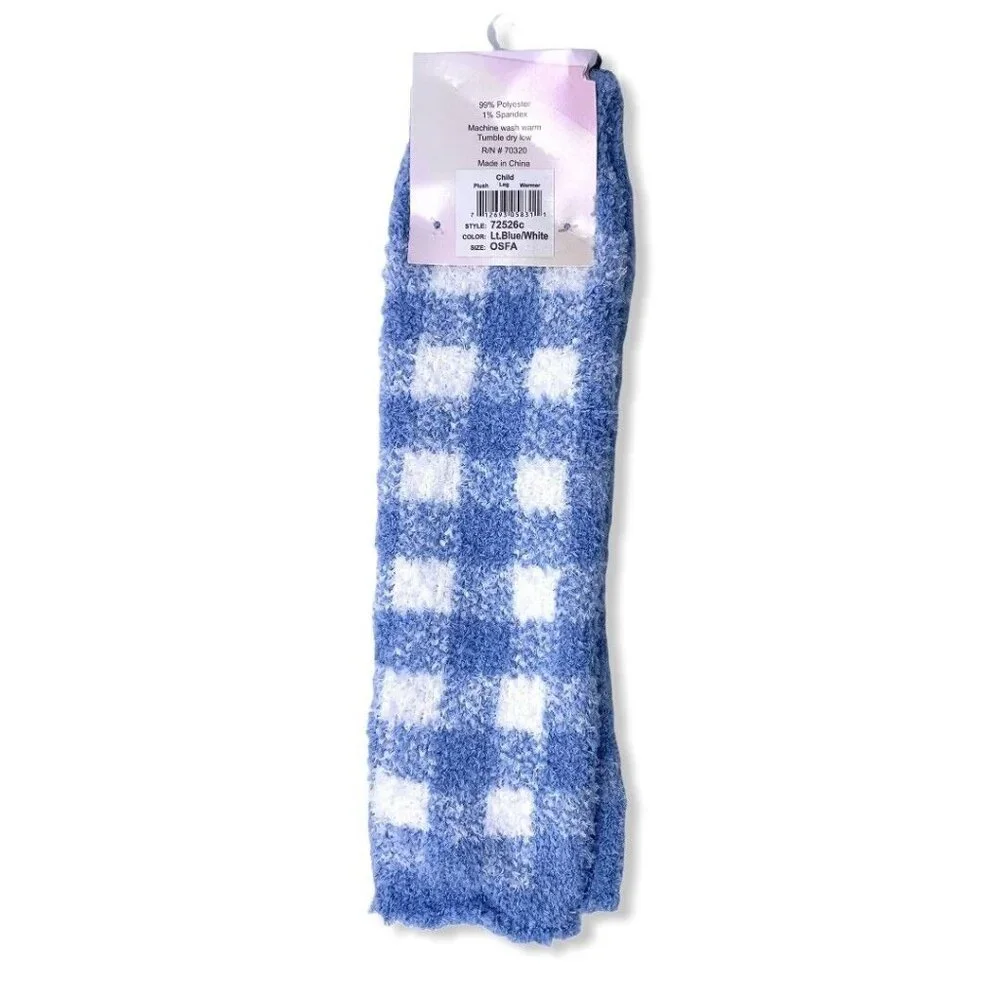 Eurotard Child's Plush Leg Warmers Blue White Check Fuzzy Gingham Slouch Socks